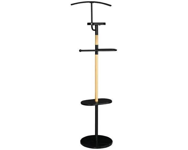HOMCOM Suport de Haine din Lemn si Otel cu Rafturi si Bara, Design Compact, 46x35x152cm, Negru | Aosom Romania