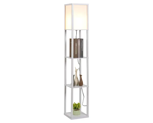 Lampa de Podea HOMCOM cu 3 Polite Integrate, Cuplare E27 Putere 40W, MDF, 26x26x160cm, Alb | Aosom Romania