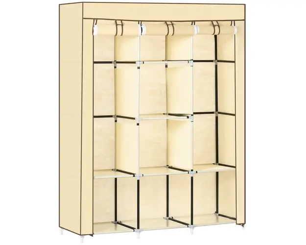 HOMCOM Dulap Portabil din Stofa cu 8 Rafturi si 2 Bare, Organizator Haine cu Usa Rulanta, 125x43x162.5 cm, Bej | Aosom Romania