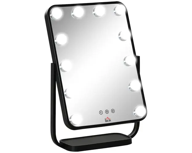 HOMCOM Oglinda de Masa pentru Machiaj, Stil Hollywood cu Iluminare LED Reglabila, 12 Lumini, Negru | Aosom Romania