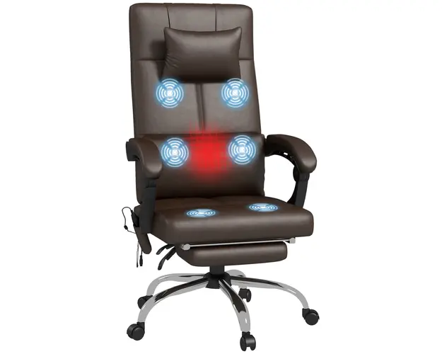 Vinsetto Scaun de Birou cu Masaj, Vibratii, Suport Lombar, Suport pentru Picioare, Cotiera si Spatar Rabatabil, 66x67x115-123 cm, Maro | Aosom Romania