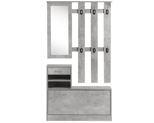 Mobile Garderoba pentru Intrare si Dormitor, cu Cuier cu 6 Carlige, Pantofar Reglabil si Oglinda, Gri ciment, 90x22x116 cm Gri ciment | Aosom Romania