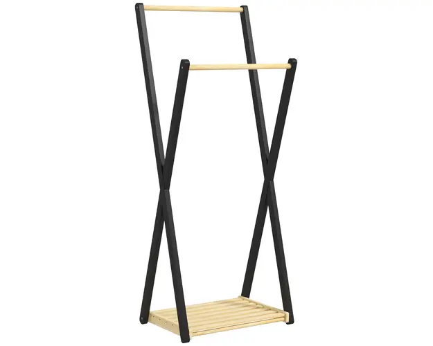 HOMCOM Cuier de Podea din Lemn cu 2 Bare, Suport pentru Haine Autoportant Modern cu Raft Inferior, 61x45x152 cm, Natural