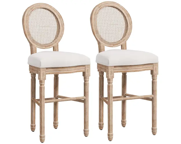 HOMCOM Set 2 Scaune de Bar Stil Frantuzesc, Tapitate cu Lin si Spatar din Ratan, pentru Bucatarie, 48x56x118 cm, Alb Cremos | Aosom Romania