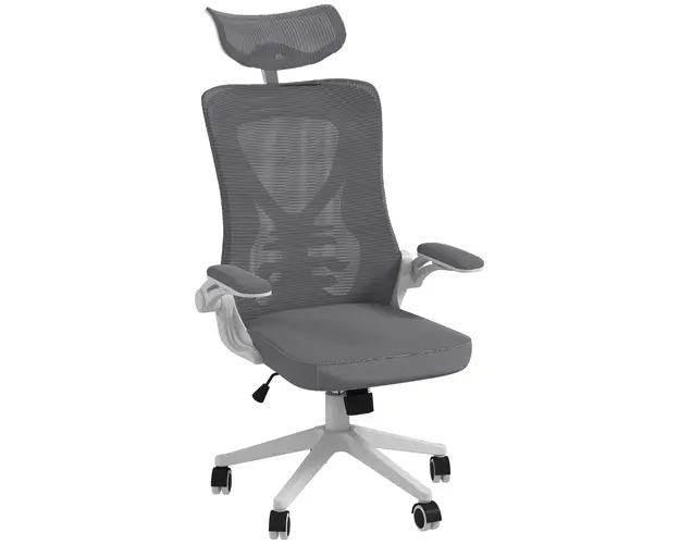 Vinsetto Scaun Ergonomic de Birou Reglabil cu Tetiera Suport Lombar Cotiere Rabatabile Gri/Negru 65x64x120-130cm | Aosom Romania
