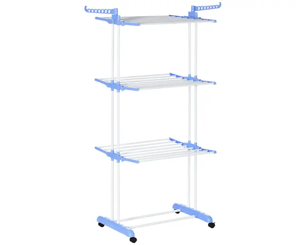Uscator de rufe extensibil HOMCOM pe 4 niveluri cu 4 roti, din otel si pp, 73x64x177 cm, Albastru si Argintiu | Aosom Romania