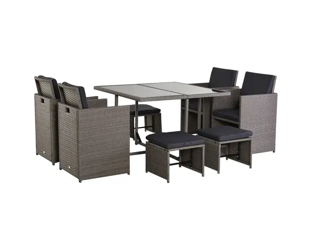 Outsunny Set Mobilier Gradina Extern Ratan 9 Piese, Masa, 4 Scaune, 4 Taburete, Maro | Aosom Romania