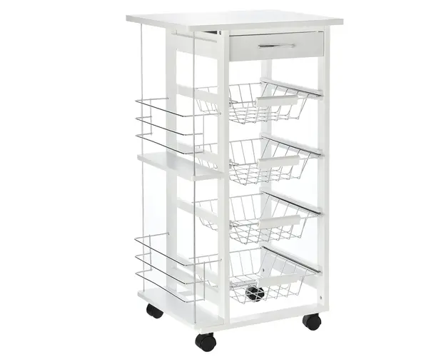 HOMCOM Carucior de Bucatarie Alb, Dulap Depozitare, 1 Sertar, 2 Etajere, 4 Cosuri Detasabile, 47x37x83cm | Aosom Romania