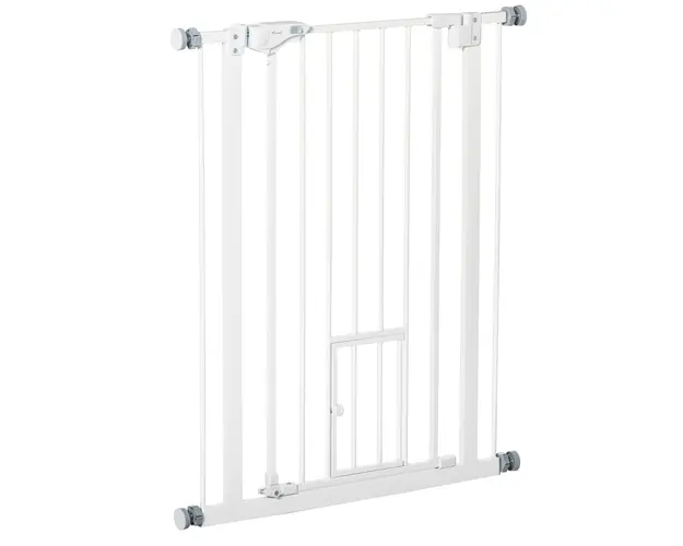 PawHut Poarta Reglabila pentru Caini cu Usa Mica si Montaj prin Presiune, 74-80x91.4 cm, Alb | Aosom Romania