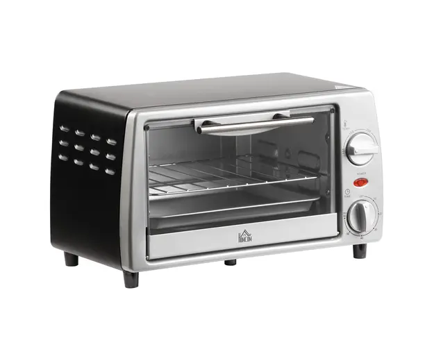 HOMCOM Cuptor Electric 10L 750W cu Temperatura Reglabila 100C-230C si Timer, Gratar si Tava Incluse, Argintiu Negru | Aosom Romania