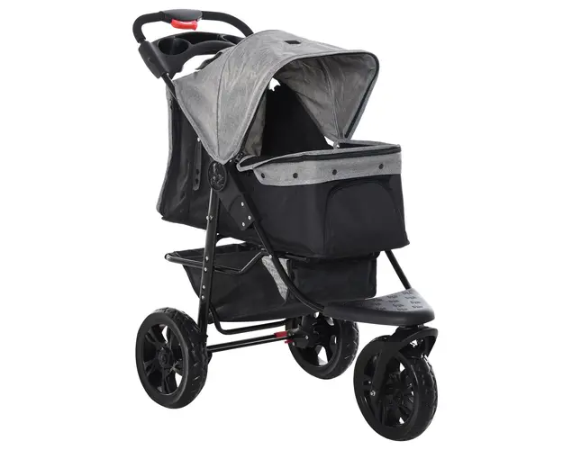Carucior PawHut pentru Patrupezi Pliabil, 3 Roti cu Frana, Otel si Oxford, Gri Negru, 109.5x54.5x106.5cm | Aosom Romania