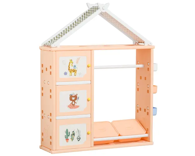 HOMCOM Organizator Jucarii cu Containere si Cuier, 128x34x155cm, Portocaliu | Aosom Romania