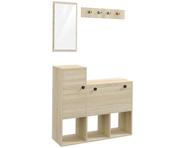 HOMCOM Mobilier pentru Hol cu Depozitare pentru 9 Perechi de Pantofi, Oglinda, Dulap, Rafturi si 4 Carlige, 90x30x87 cm, Lemn Natural | Aosom Romania