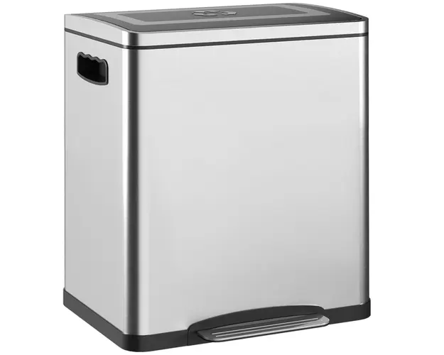 HOMCOM Cos de Gunoi cu 2 Sectiuni de 15L cu Pedala si Capac cu Inchidere Lina, 40x34,8x47,5 cm, Argintiu | Aosom Romania
