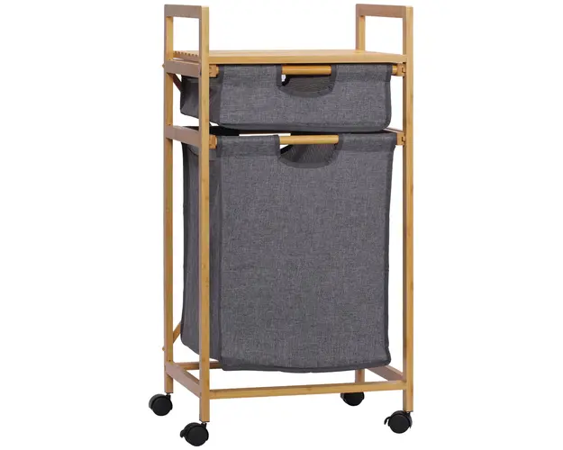 HOMCOM Cos de Rufe Elegant din Bambus cu 2 Saci Detasabili si Raft Deschis Design Compact pentru Baie sau Dormitor | Aosom Romania