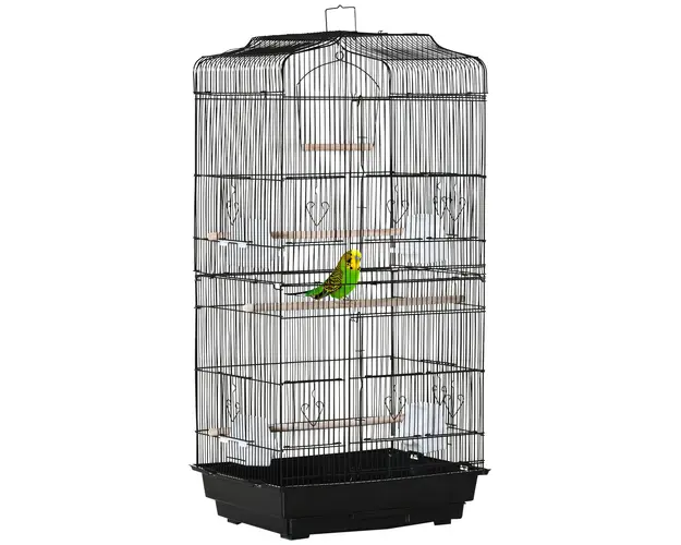 PawHut Colivie pentru Papagali cu Stinghii, Leagan si Boluri, Voliera din Metal si Plastic, 46.5x35.5x92 cm, Negru | Aosom Romania