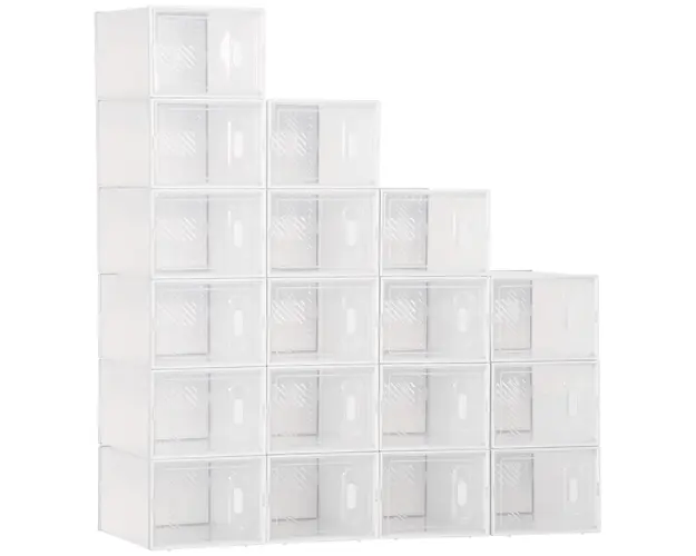 HOMCOM Dulap Dreptunghiular pentru Incaltaminte, Economisire Spatiu, 18 Cutii Transparente din Plastic PP, 25x35x19 cm | Aosom Romania