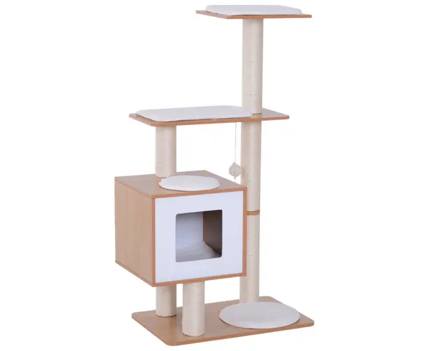 PawHut Ansamblu pentru Pisici cu Stalp din Sisal, Cusca cu Platforme si Zone de Joaca, Dimensiuni 66x47x120cm, Lemn Alb | Aosom Romania