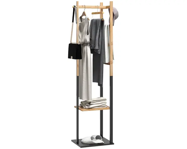 HOMCOM Cuier de Podea Autoportant cu Bara Centrala, 4 Bare Laterale, 2 Carlige si 2 Rafturi, 46x28,5x153,5 cm, Negru | Aosom Romania
