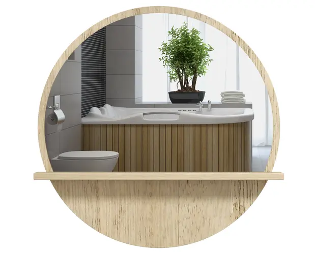 kleankin Oglinda de Baie Rotunda din PAL si Sticla cu Raft pentru Depozitare si 2 Carlige pentru Fixare, Ø45x10 cm, Lemn Natural | Aosom Romania