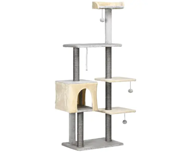 PawHut Ansamblu de Joaca pentru Pisici, Stalp de Zgariat din Sisal, Rampa, Casa, Jucarie cu Bile, Gri Deschis | Aosom Romania