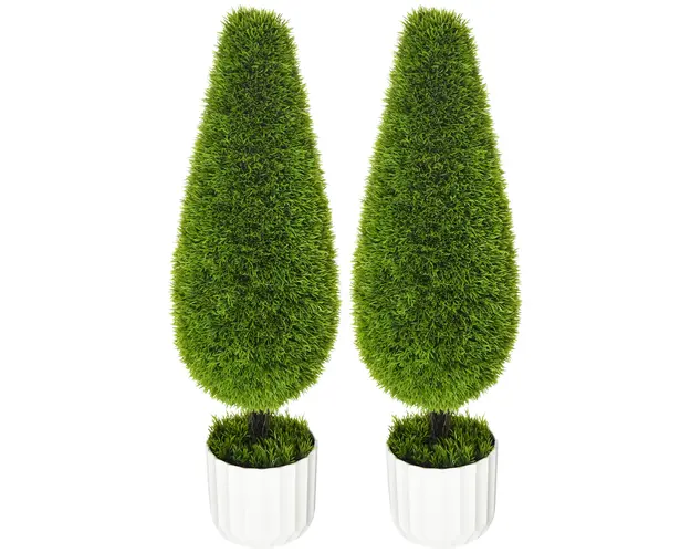 Set 2 Plante Artificiale cu Ghiveci de Ø12x16 cm, Muschi si Ciment, Plante Artificiale de 90cm din PE si Plastic, Verde-Alb HOMCOM | Aosom Romania