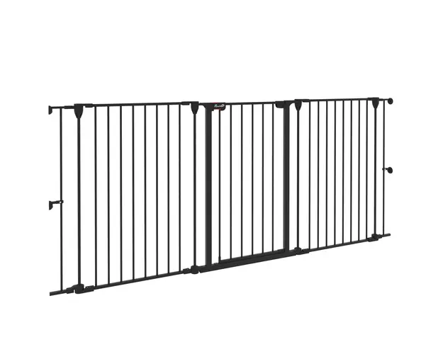PawHut Poarta pentru Caini cu 3 Panouri si Sistem Dublu de Inchidere, Bariera pentru Caini pentru Scari, Usi, Holuri, 206x90 cm, Negru | Aosom Romania
