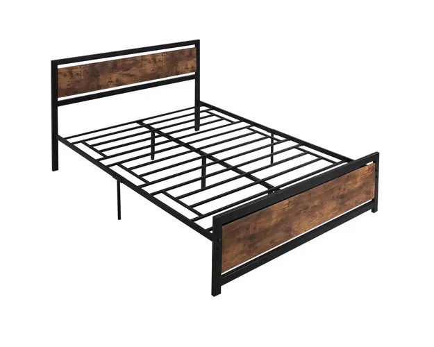 HOMCOM Cadru Pat Matrimonial din Lemn si Otel 160x200cm, Sipci Integrate si Tetiera in Stil Industrial, Negru Maro Rustic