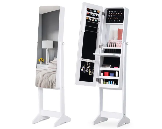HOMCOM Cutie pentru Bijuterii cu Oglinda si Iluminare LED, Design Elegant, Alb, 30x146x36 cm | Aosom Romania