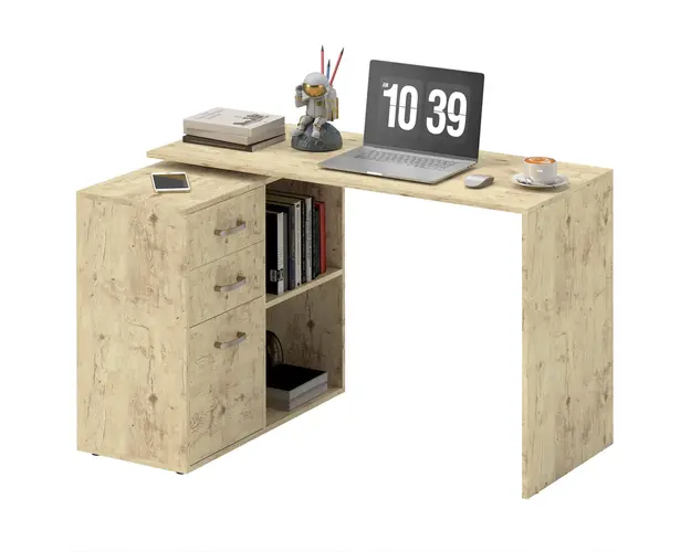 HOMCOM Birou de Colt pentru PC cu 2 Sertare si Rafturi Deschise, Birou de Colt in Forma de L, 117x83,5x76 cm, Lemn Natural | Aosom Romania