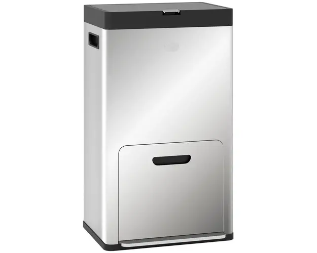 HOMCOM Cos de Gunoi cu 3 Compartimente de 56L, Pedala si Inchidere Silentioasa, 45,7x35,8x76 cm, Argintiu | Aosom Romania