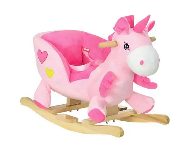 HOMCOM Cal Balansoar, Unicorn Balansoar din Plus cu Baza din Lemn si Centura de Siguranta pentru Copii, 65x35x45 cm, Roz | Aosom Romania