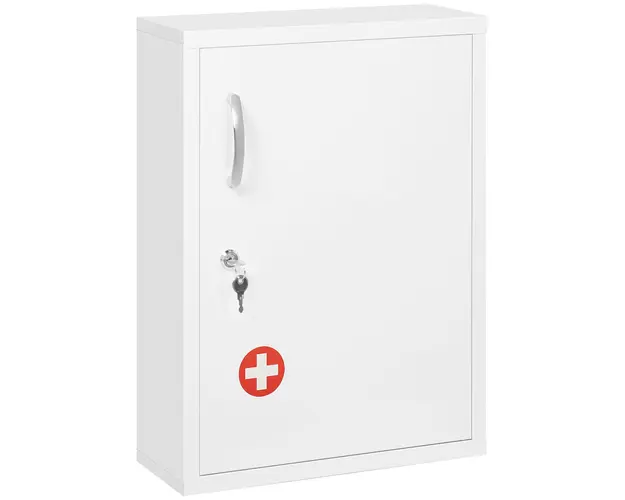 kleankin Dulap pentru Medicamente cu 3 Polite cu Incuietoare si 2 Chei de Siguranta, Dulap din Otel pentru Medicamente, 40x15x53,5 cm, Alb