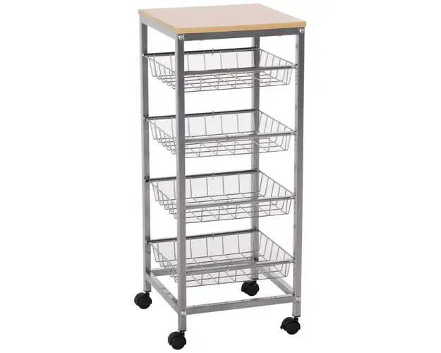 HOMCOM Carucior de Bucatarie cu 4 Cosuri si 4 Roti (2 cu Frana) Dulap Compact pentru Spatii Mici MDF si Otel 36.5x36.5x89cm | Aosom Romania