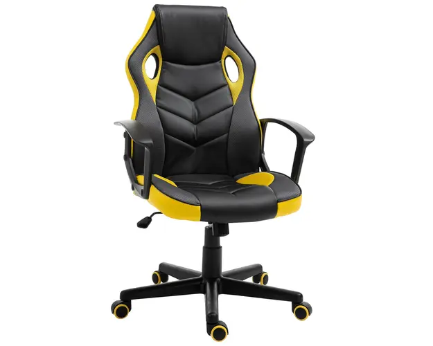 Vinsetto Scaun de Gaming Ergonomic Rotativ cu Roti din Piele Ecologica Negru si Galben Inaltime Ajustabila | Aosom Romania