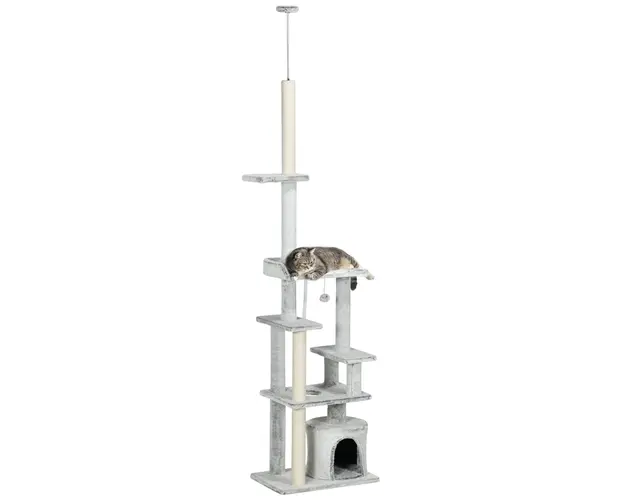 PawHut Turn Pisici de la Podea la Tavan 6 Niveluri 225-255cm Gri | Aosom Romania