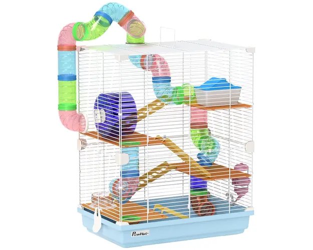 PawHut Cusca pentru Hamsteri cu 5 Nivele, Tuburi, Rotita, Scari, Casuta si Sticluta, 46x30x58 cm, Albastru | Aosom Romania