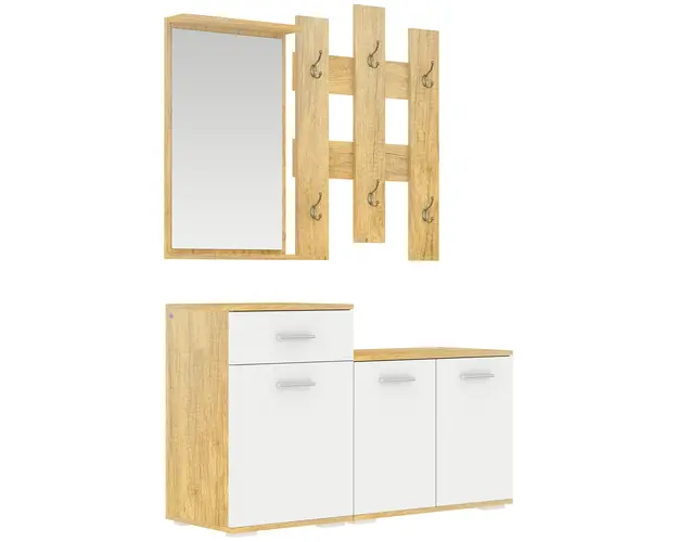 Set pentru Intrare 3 in 1 cu Cuier de Perete HOMCOM, Oglinda si Suport pentru Pantofi cu Banca din Lemn, Culoare Lemn natur si Alb | Aosom Romania
