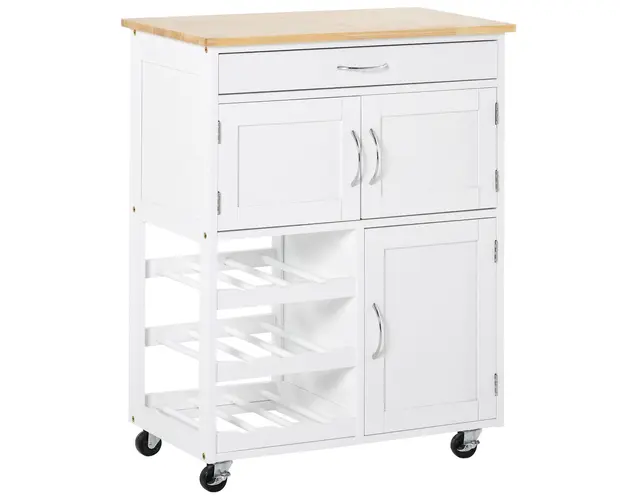 HOMCOM Carucior Bucatarie cu Suport Sticle, Lemn de Cauciuc si MDF, 67x37x87cm, Design Elegant, Alb | Aosom Romania