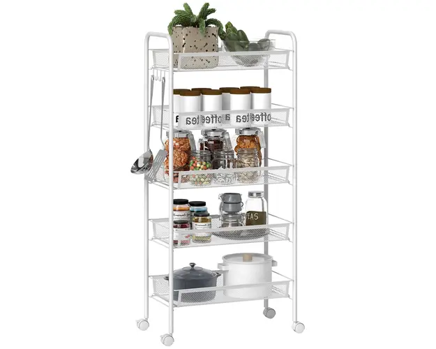 HOMCOM Carucior de Bucatarie Economisitor de Spatiu cu 5 Nivele si Cosuri de Plasa, 45x26.5x106 cm, Alb | Aosom Romania