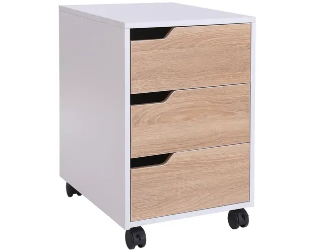 Comoda din MDF cu 3 Sertare si 4 roti cu rotatie de 360  (2 cu frane), pentru Birou sau Studio Alba si Lemn 31x37x7.2cm HOMCOM | Aosom Romania
