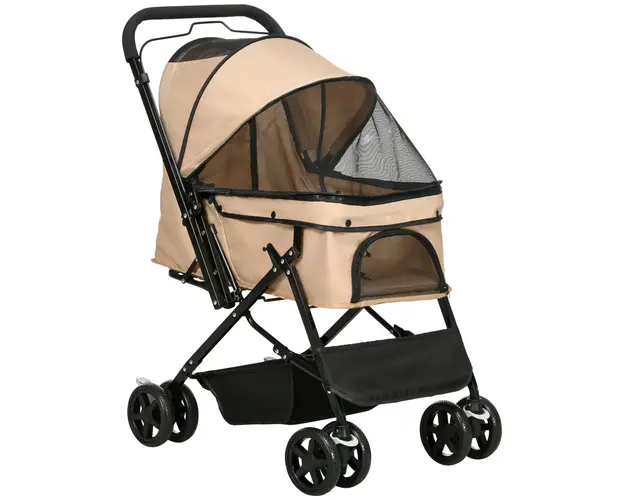 PawHut Carucior Pliant pentru Caini Mici cu Maner Rotativ, Roti cu Frane si Cos de Depozitare, 76,5x52x95 cm, Maro | Aosom Romania