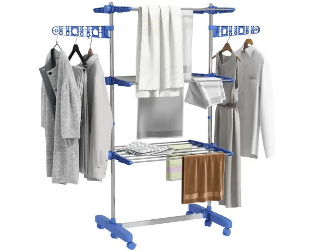HOMCOM Uscator de Rufe Pliabil Vertical, Extensibil Tip Turn cu 6 Roti, Carlige si 3 Rafturi, 142x55x152 cm, Albastru | Aosom Romania