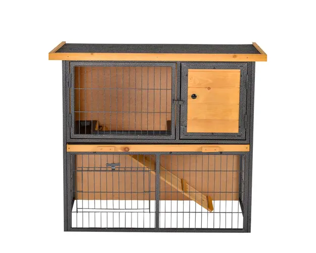 Cusca pentru Iepuri PawHut, Rampa si Spatiu Deschis, Lemn si Metal, Galben Deschis, 89.5x45x81cm | Aosom Romania