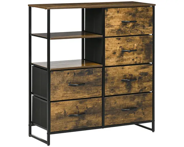 HOMCOM Comoda Pliabila cu 6 Sertare, 2 Rafturi Deschise din Material si Picioare Reglabile, 84x30x92 cm, Maro Rustic | Aosom Romania