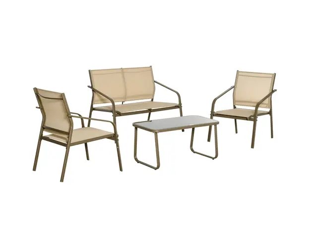Outsunny Set Mobilier de Gradina Confortabil, 2 Scaune, 1 Canapea, 1 Masuta, Cadru Metalic, Textilen Rezistent, Kaki, Design Modern | Aosom Romania