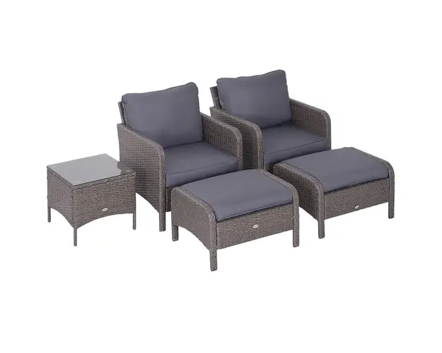 Outsunny Set Mobilier de Gradina din Ratan 5 Piese, 2 Fotolii, 2 Pouf, Masuta de Cafea cu Sticla, Perne Decorative, Gri | Aosom Romania