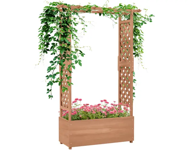 Outsunny Strat de Gradina Inaltat cu Grilaj si Acoperis, Jardiniera din Lemn pentru Plante Cataratoare, 112x41x180 cm, Maro | Aosom Romania