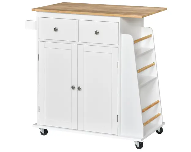 HOMCOM Carucior Bucatarie cu 3 Niveluri, 2 Sertare Culisante, 4 Roti, Raft Reglabil, Design Modern, Alb si Lemn Natural, 89x45x89cm | Aosom Romania
