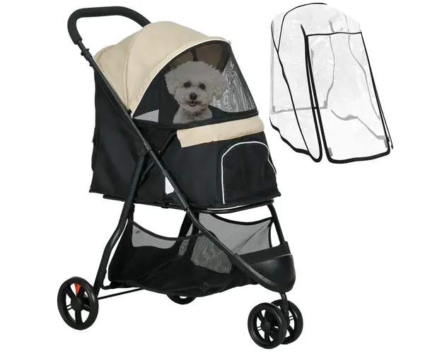 PawHut Carucior pentru Caini cu 3 Roti, Carucior Pliant cu Husa de Ploaie, Cos si Curea, 80,5x51,5x100 cm, Kaki | Aosom Romania